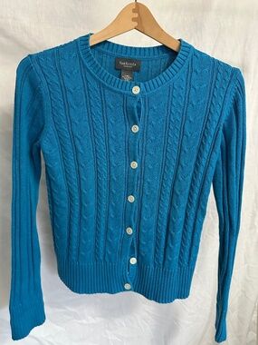 Van Heusen Cable Knit Cardigan Sweater – Women’s Small – Turquoise Blue 100% Cot